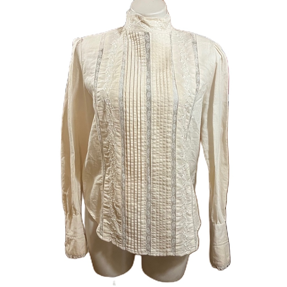Karen Scott Cream Pleated Embroidered Lace Detail High Collar Blouse